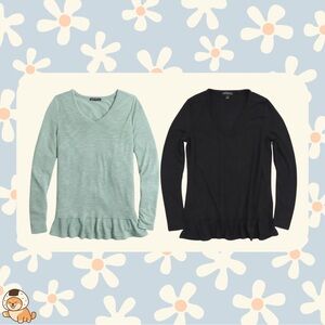 J.CREW Mercantile V-Neck Tee With Ruffle-Hem, Black, Sz Sm